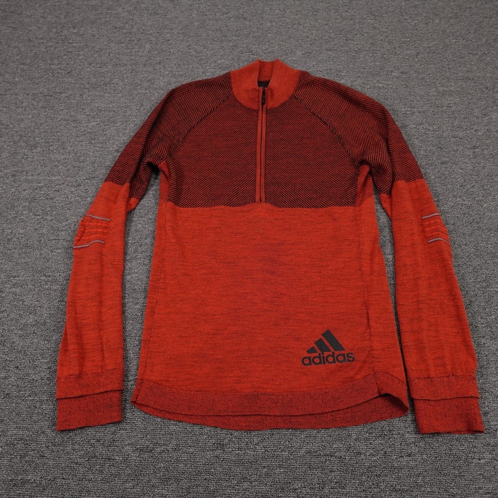Adidas Sweater Small Red Climaheat 1/4 Zip Wool Blend Running Thermal Hiking